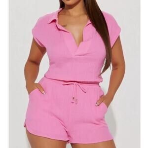Fashion Nova Pink White Sands Cut Out Romper Women's Large Gauzy 100% Cotton NWT